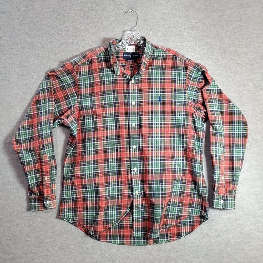 VINTAGE Ralph Lauren Men Button Up Shirt L Green Tartan Plaid Logo Classic Fit